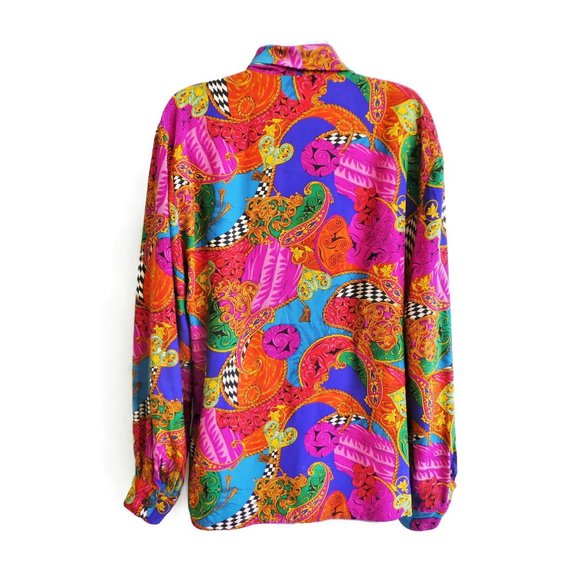 SiLK Satin Vintage 80s Vibrant Color Shawl Wrap Blouse Dana Buchman 12 Large - Picture 2 of 9